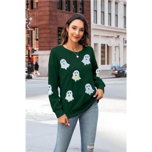 Halloween Sweatshirt – Colorful Sequin Ghost Graphic Pullover Crewneck - Picture 2 of 5